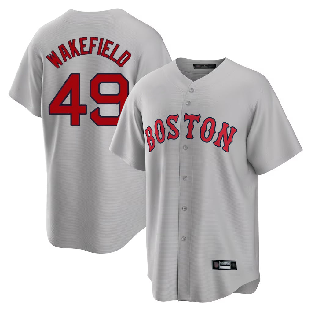 B.Red Sox #49 Tim Wakefield Player Gray Road Home Game Edoa Stitched Jerseys