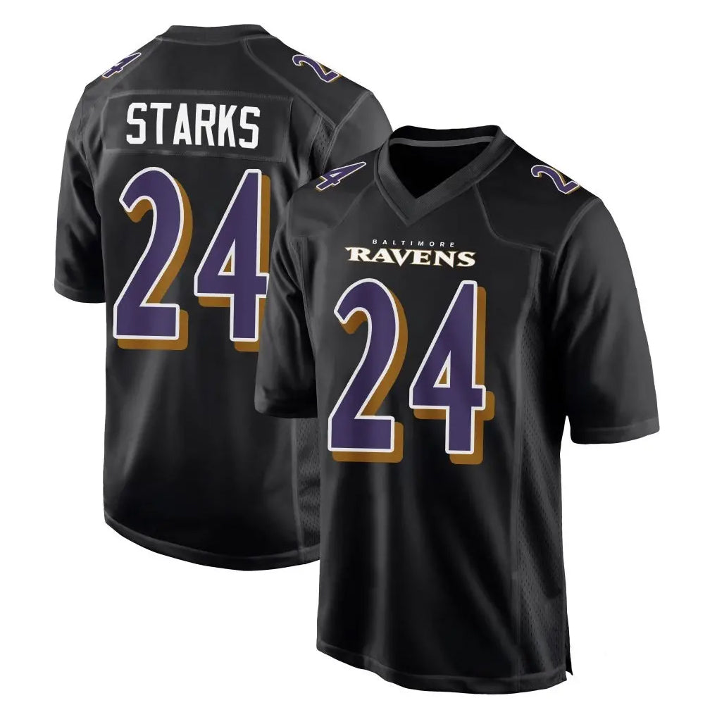 B.Ravens #24 Malaki Starks Player Black Carbon Fashion Home Game Edoa Stitched Jerseys