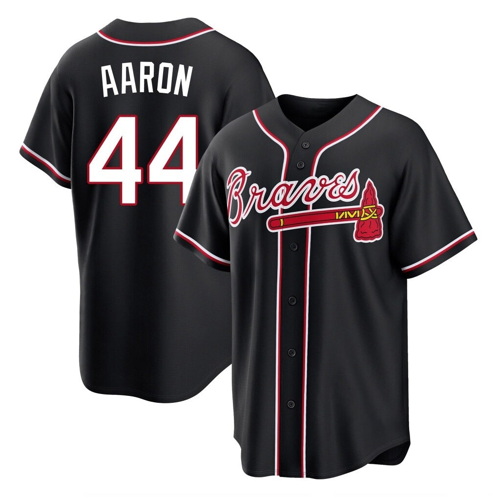 A.Braves #44 Hank Aaron Player Black Fashion Out Game Edoa Stitched Jerseys