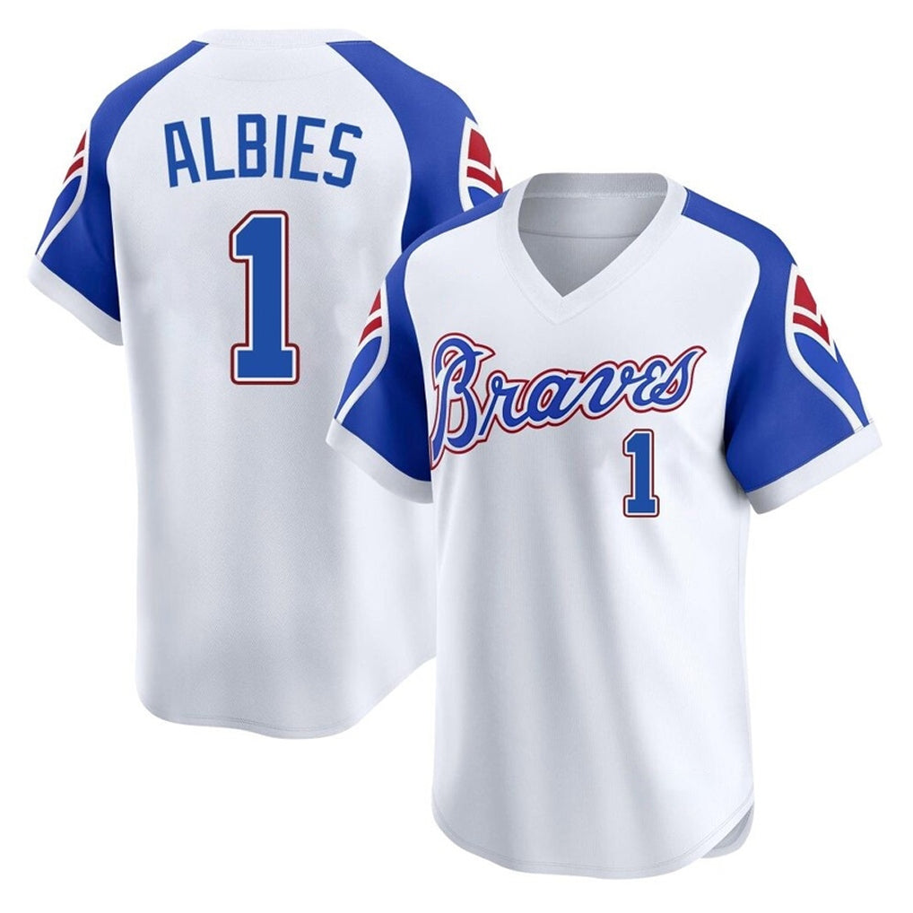 A.Braves #1 Ozzie Albies Player White Throwback Cooperstown Collection T-shirt Game Edoa Stitched Jerseys