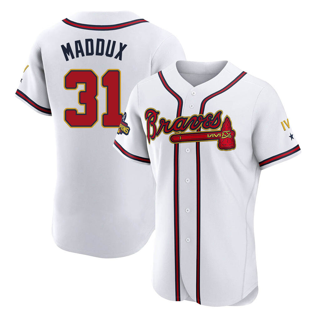 A.Braves #31 Greg Maddux Player White Gold Limited Elite Home Game Edoa Stitched Jerseys