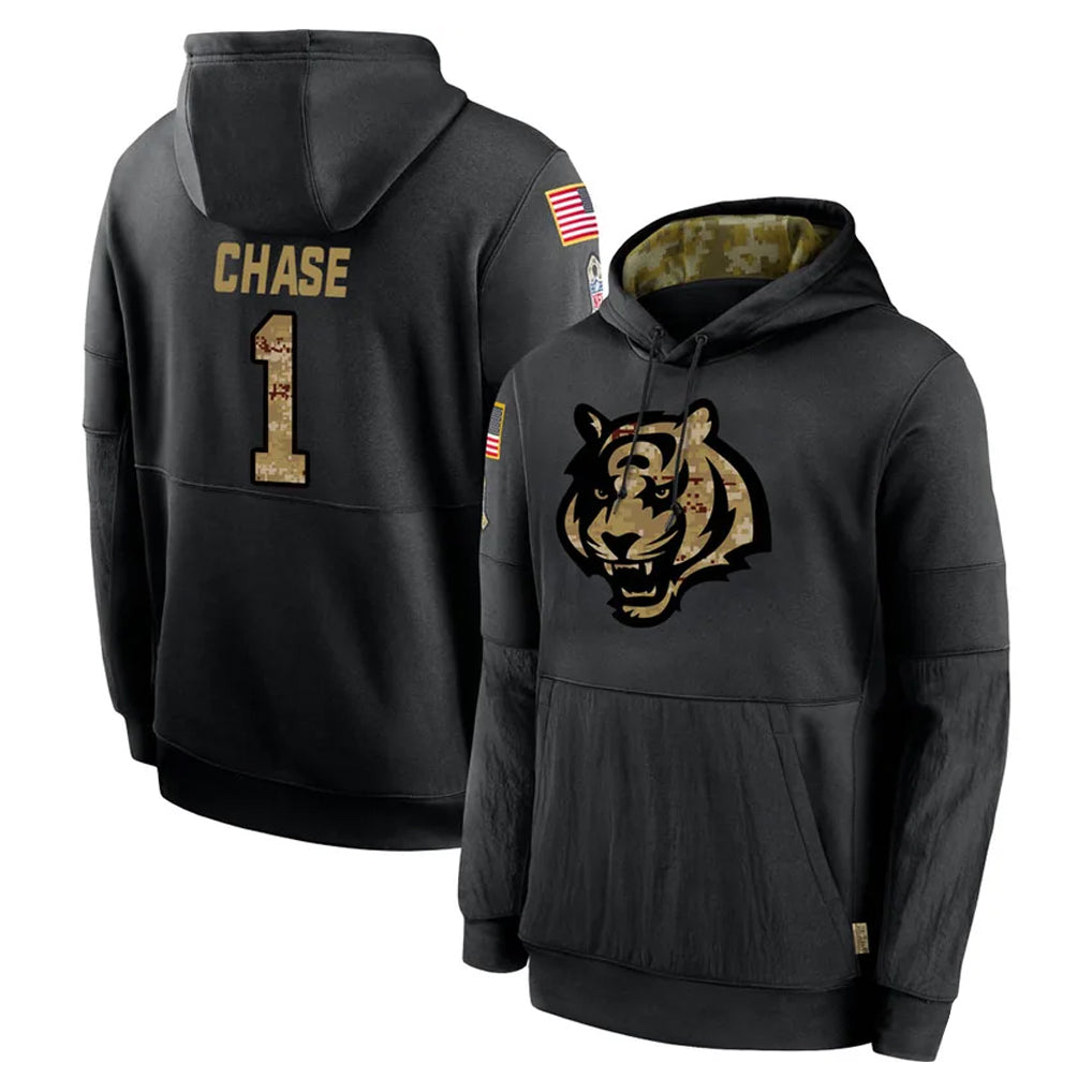 C.Bengals #1 Ja'Marr Chase Player Black Salute to Service Pullover Hoodies Limited Edoa Stitched Jerseys
