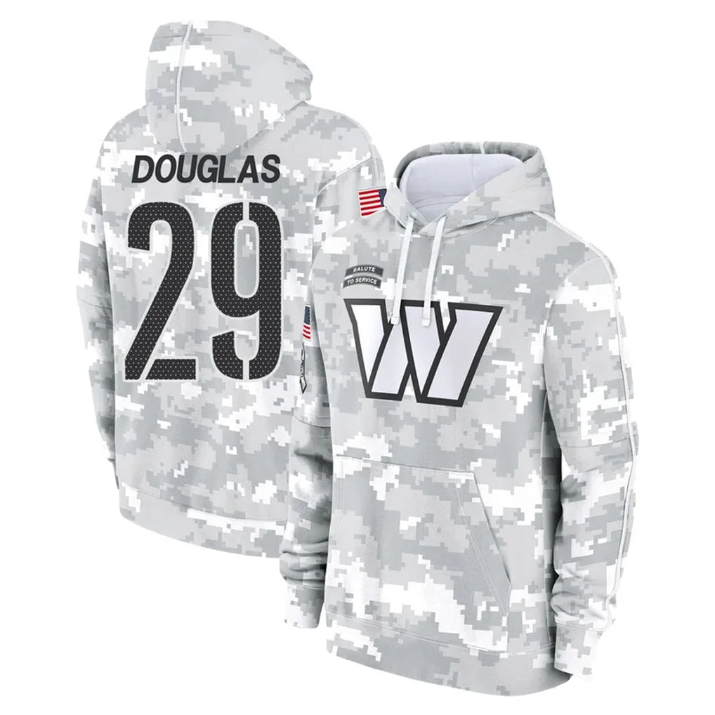 W.Commanders #29 Rasul Douglas Player Arctic Camo Limited Salute to Service Pullover Hoodies Game Edoa Stitched Jerseys