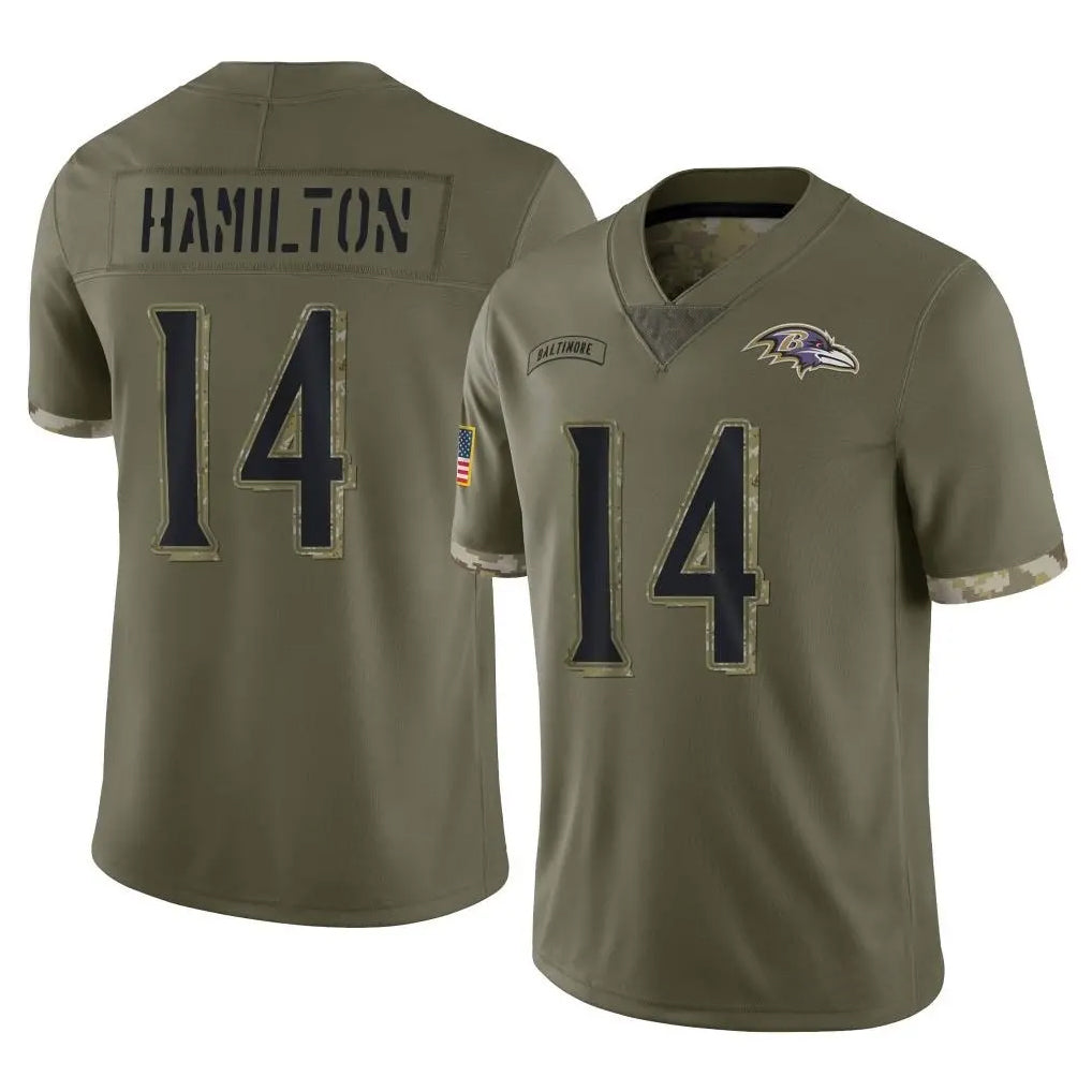 B.Ravens #14 Kyle Hamilton Player Olive Salute To Service Game Edoa Stitched Jerseys