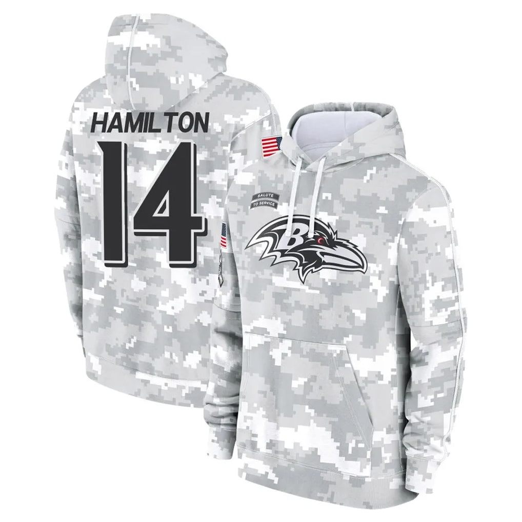 B.Ravens #14 Kyle Hamilton Player Arctic Camo Salute to Service Pullover Hoodie Edoa Stitched Jerseys