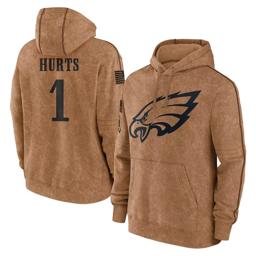 P.Eagles #1 Jalen Hurts Player Brown Salute to Service Pullover Hoodies Limited Game Edoa Stitched Jerseys