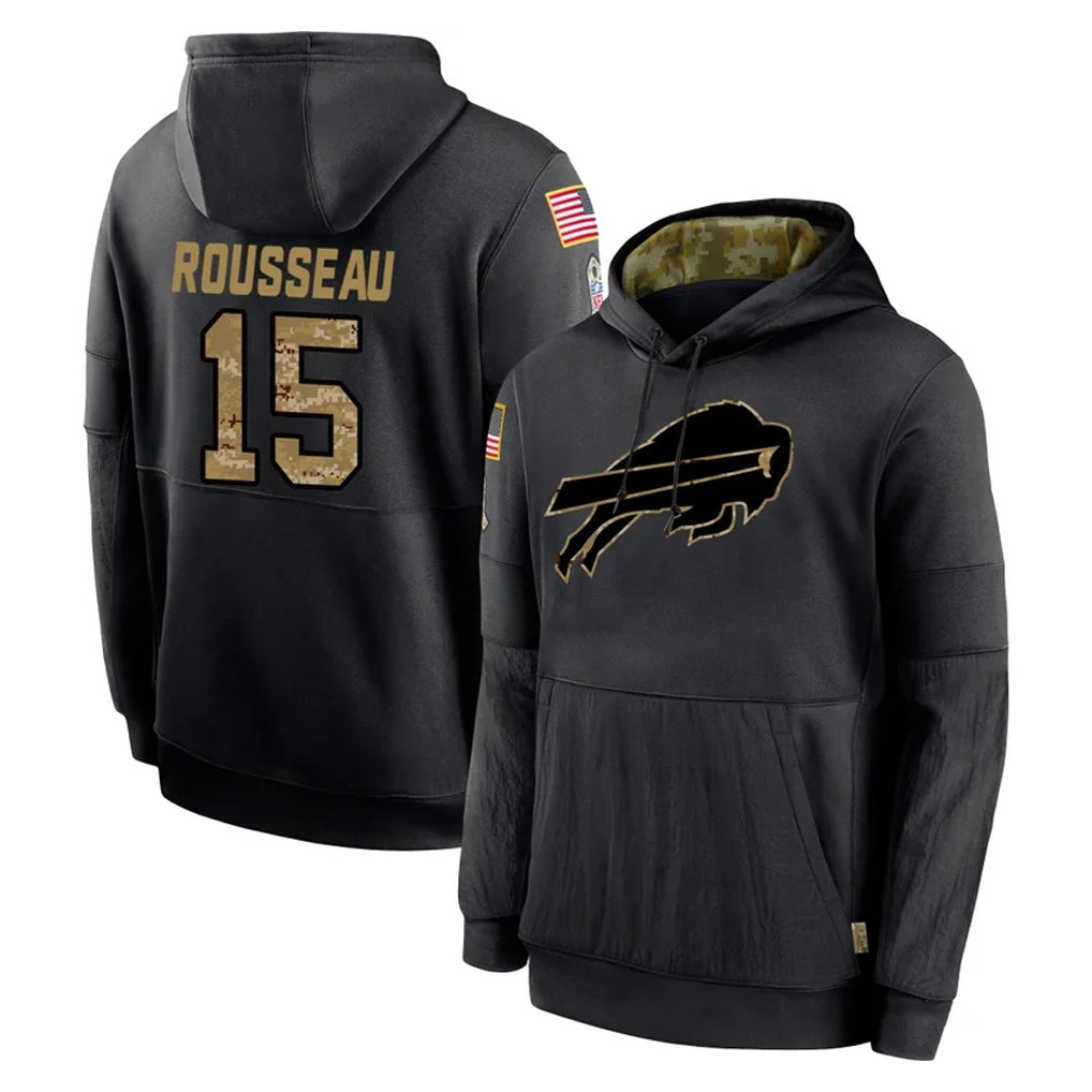 B.Bills #15 Greg Rousseau Player Black Salute to Service Hoodies Edoa Stitched Jersey