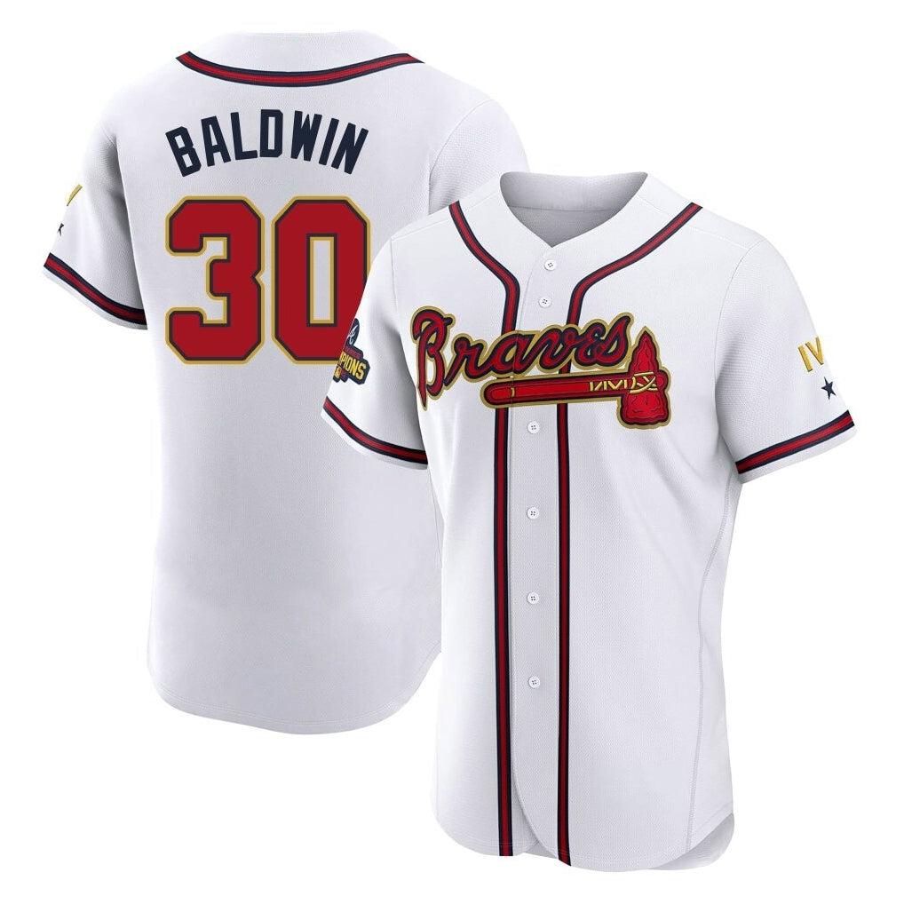 A.Braves #30 Drake Baldwin Player White Gold Limited Elite Home Game Edoa Stitched Jerseys