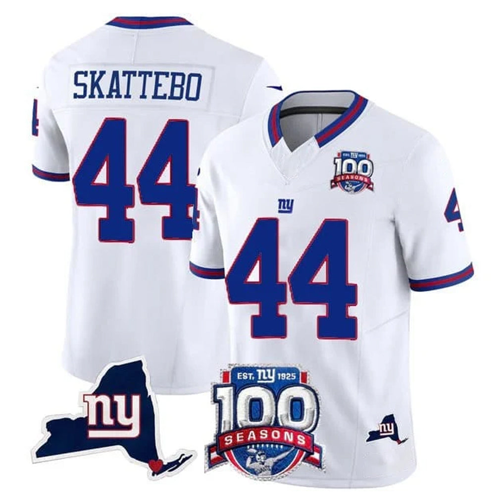 NY.Giants #44 Cam Skattebo Player White 100th Season & State Patch Vapor Limited Home Game Edoa Stitched Jerseys
