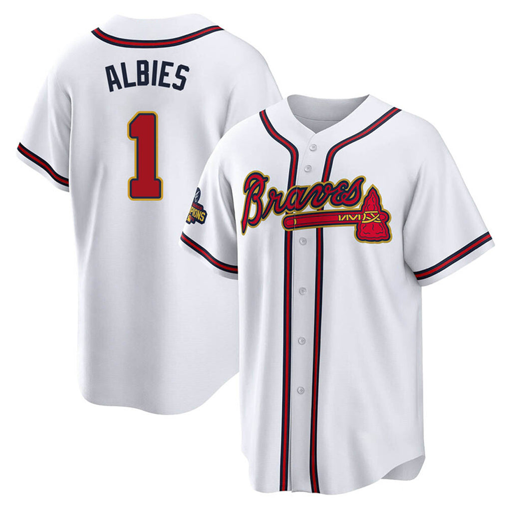 A.Braves #1 Ozzie Albies Player White Gold Home Game Edoa Stitched Jerseys
