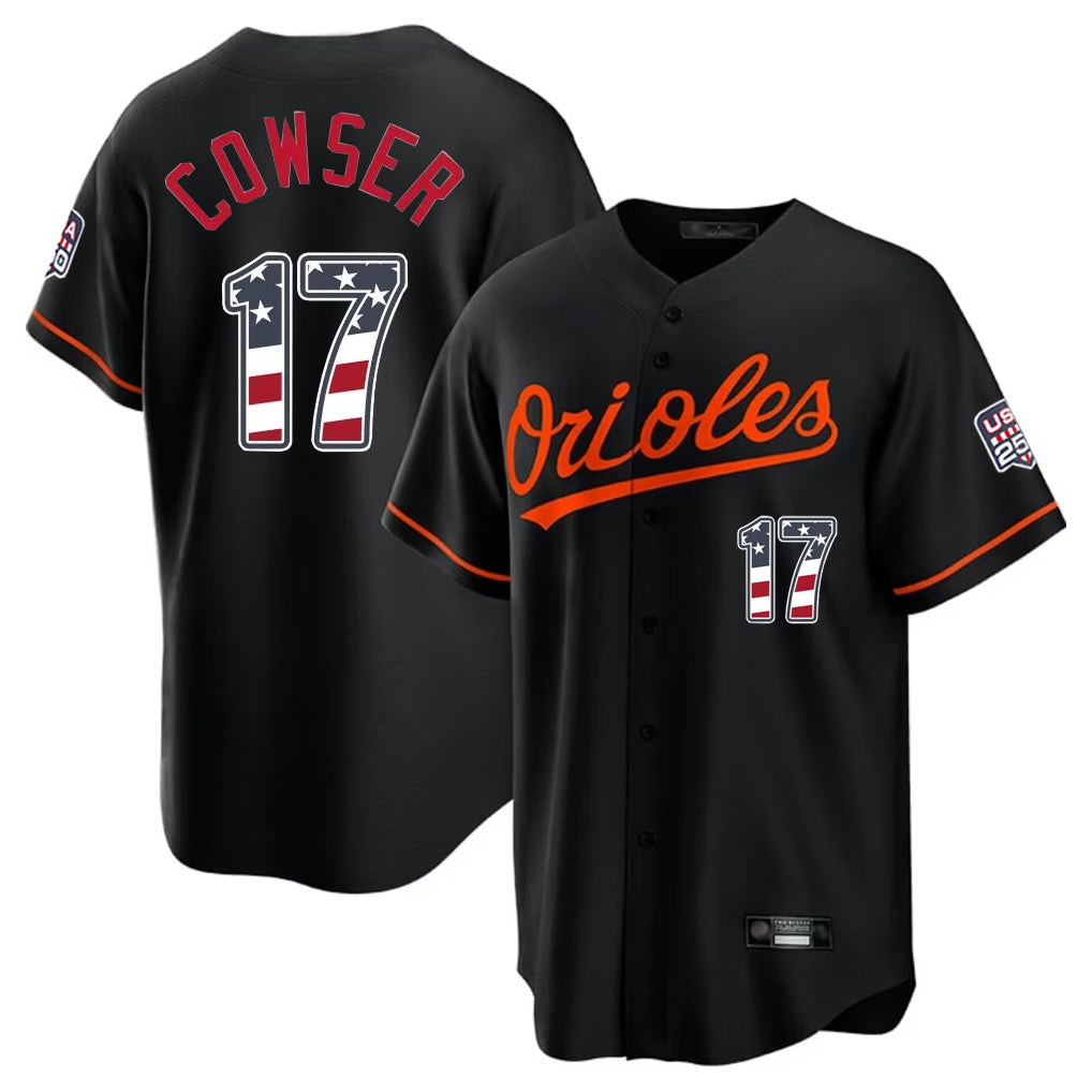 B.Orioles #17 Colton Cowser Player Black USA 250 Fourth of July Home Game Edoa Stitched Jerseys