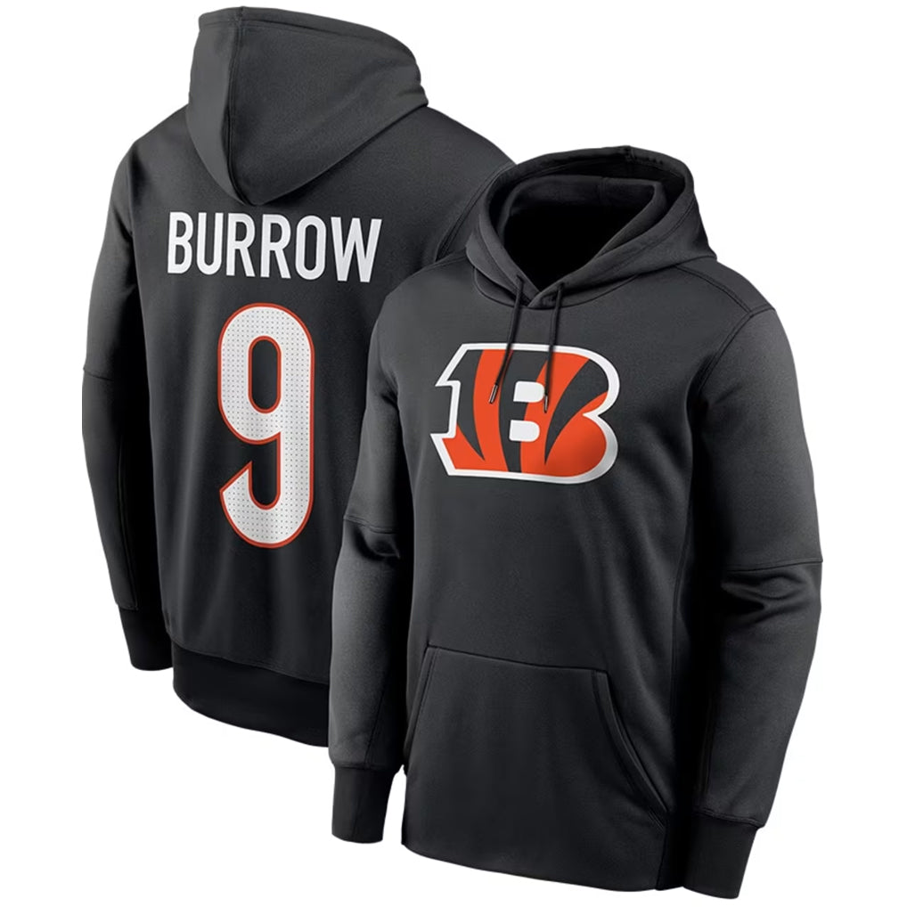 C.Bengals #9 Joe Burrow Player Black Salute to Service Pullover Hoodies Game Edoa Stitched Jerseys