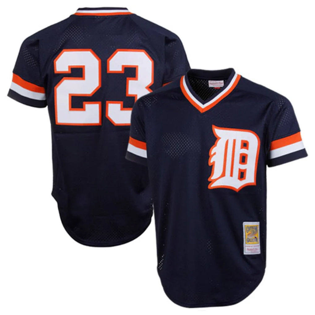 D.Tigers #23 Kirk Gibson Player Navy Mitchell & Ness 1984 Mesh Batting Practice  T-shirt Edoa Stitched Jerseys