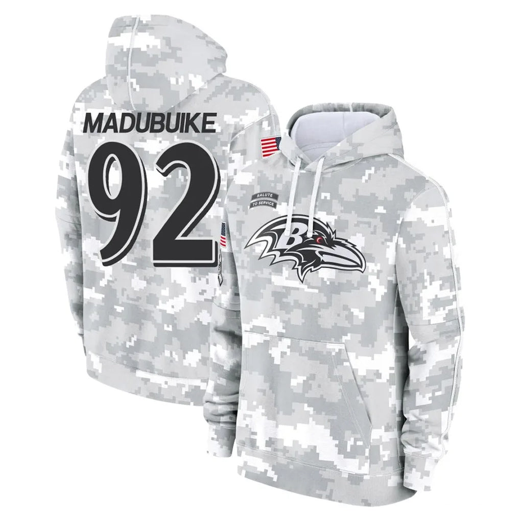 B.Ravens #92 Nnamdi Madubuike Player Arctic Camo Salute to Service Pullover Hoodie Edoa Stitched Jerseys