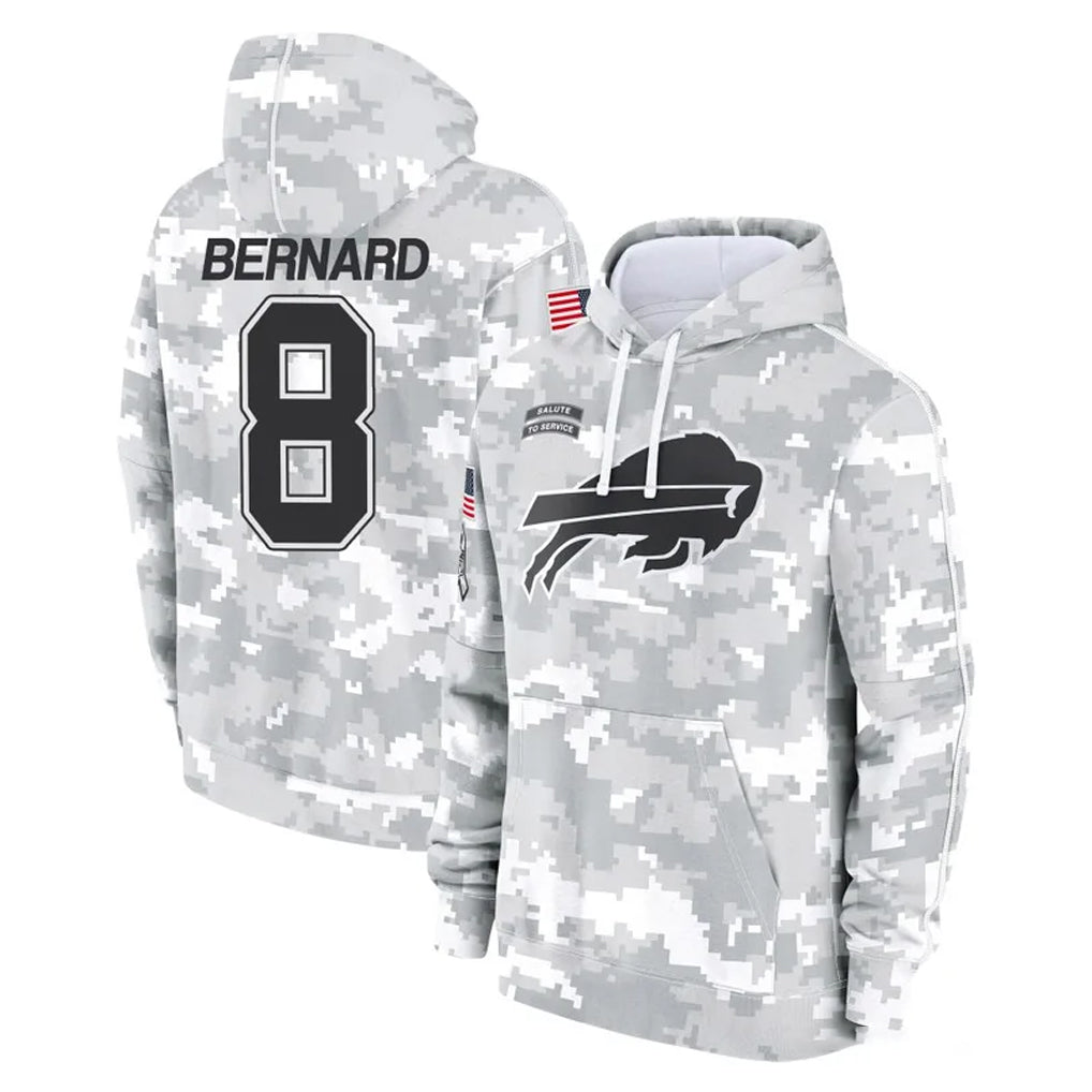 B.Bills #8 Terrel Bernard Player Arctic Camo Salute to Service Hoodies Edoa Stitched Jerseys