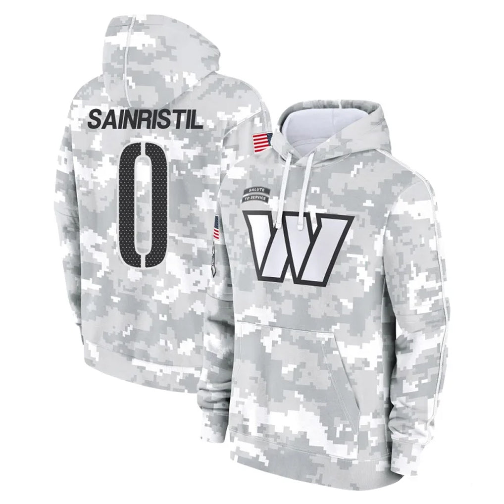 W.Commanders #0 Mike Sainristil Player Arctic Camo Limited Salute to Service Pullover Hoodies Game Edoa Stitched Jerseys