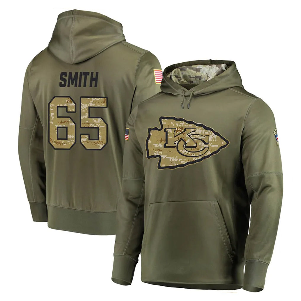 KC.Chiefs #65 Trey Smith Player Olive Salute to Service Pullover Hoodies Home Game Edoa Stitched Jerseys