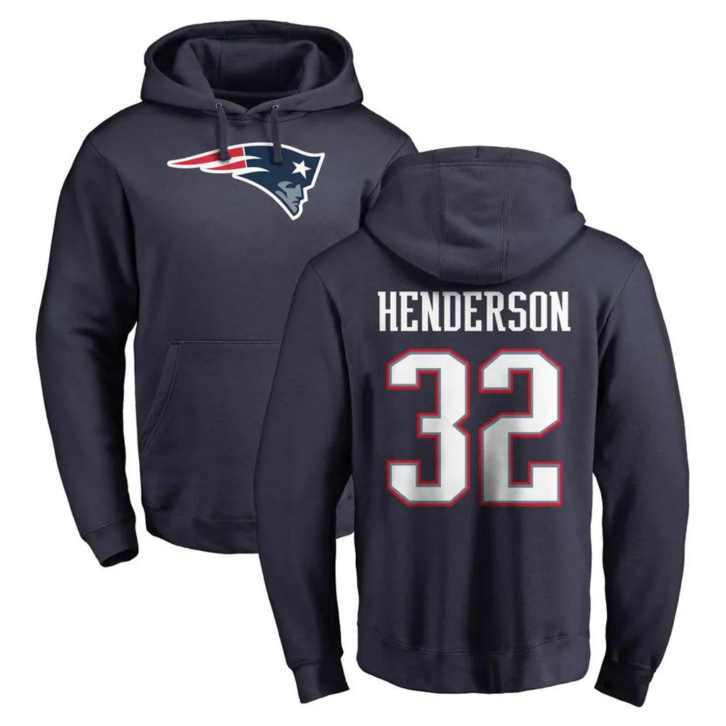 NE.Patriots #32 TreVeyon Henderson Player Navy LOGO Pullover Hoodies Home Game Edoa Stitched Jerseys