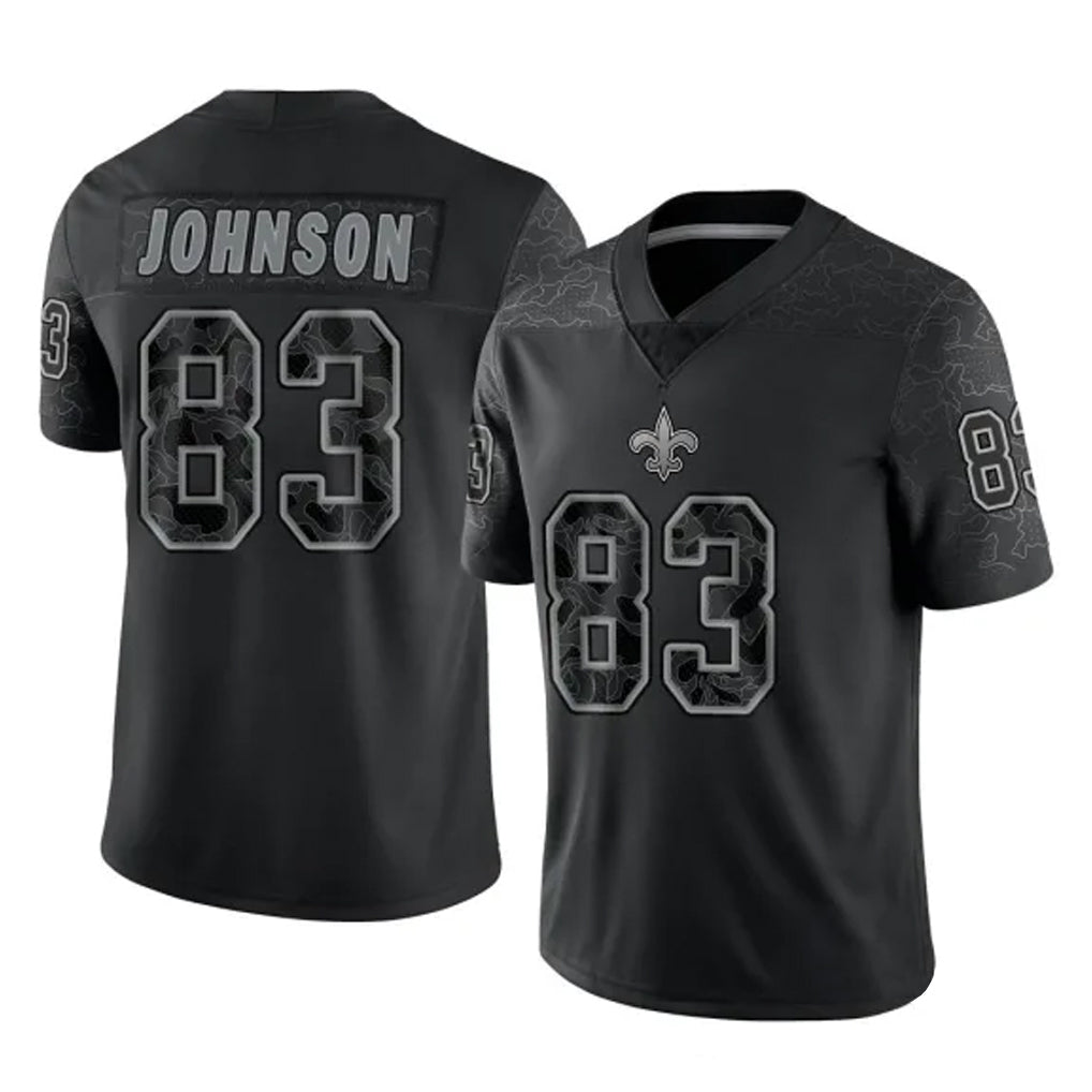 NO.Saints #83 Juwan Johnson Player Black Limited Reflective Home Game Edoa Stitched Jerseys