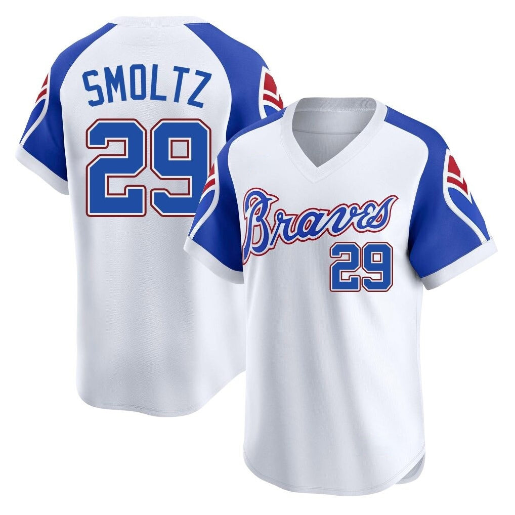 A.Braves #29 John Smoltz Player White Throwback Cooperstown Collection T-shirt Game Edoa Stitched Jerseys