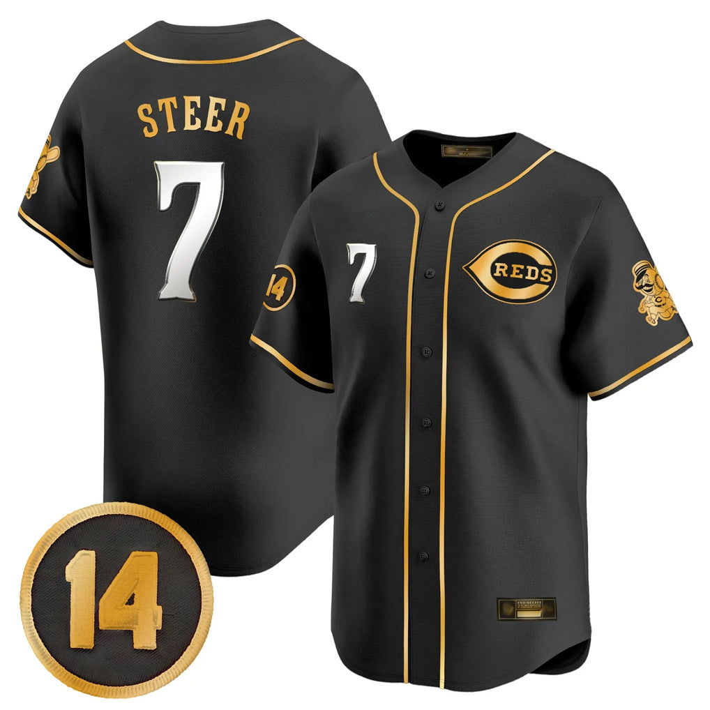 C.Reds #7 Spencer Steer Player Black-Gold Vapor Premier Limited Home Edoa Stitched Jerseys