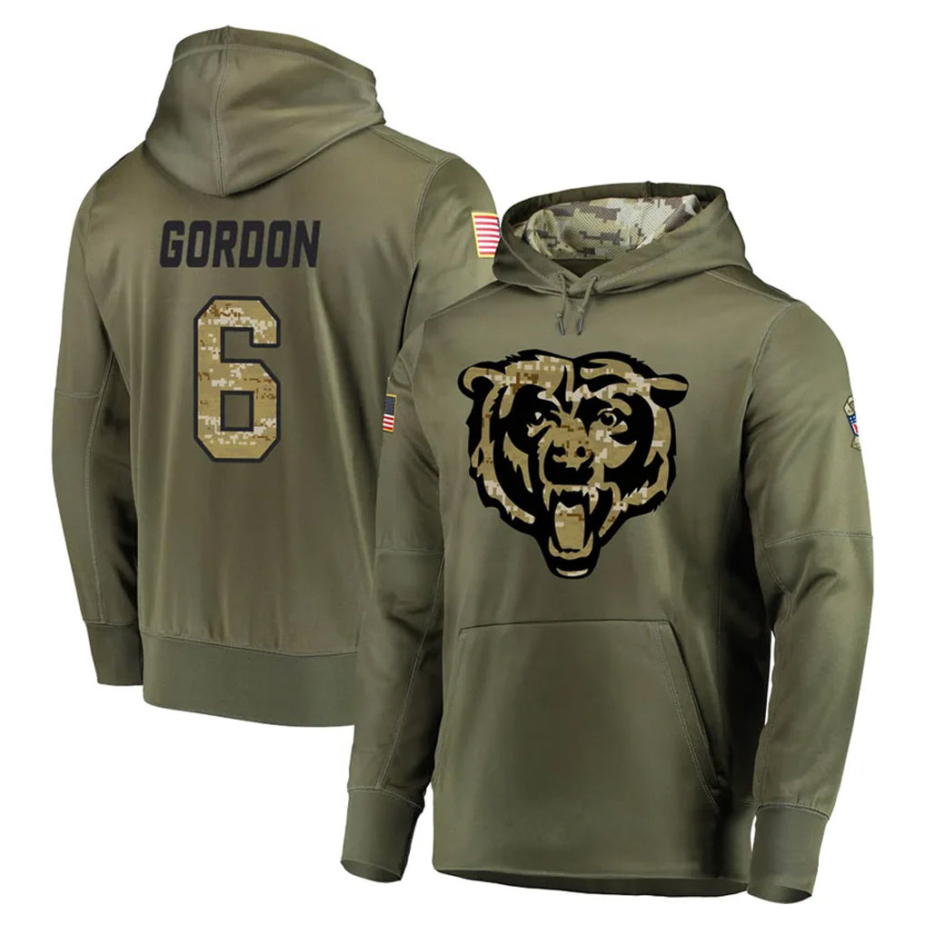 C.Bears #6 Kyler Gordon Player Olive Salute to Service Pullover Hoodies Home Game Edoa Stitched Jerseys