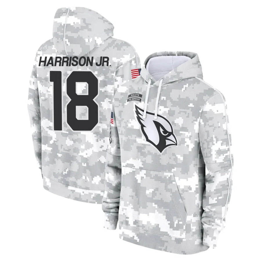 A.Cardinals #18 Marvin Harrison Jr. Player Camo Salute to Service Hoodies Edoa Stitched Jerseys