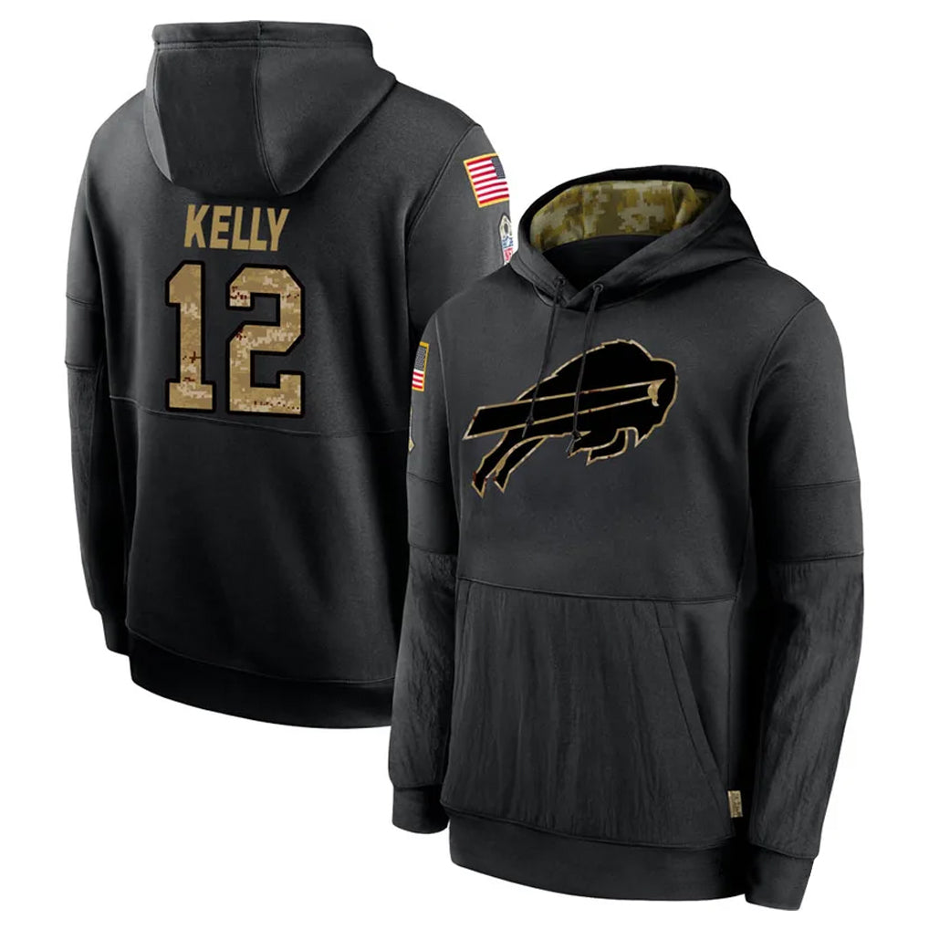 B.Bills #12 Jim Kelly Player Black Salute to Service Hoodies Hame Edoa Stitched Jerseys