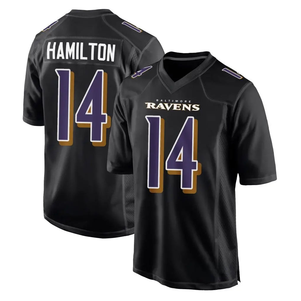 B.Ravens #14 Kyle Hamilton Player Black Carbon Fashion Game Home Edoa Stitched Jerseys