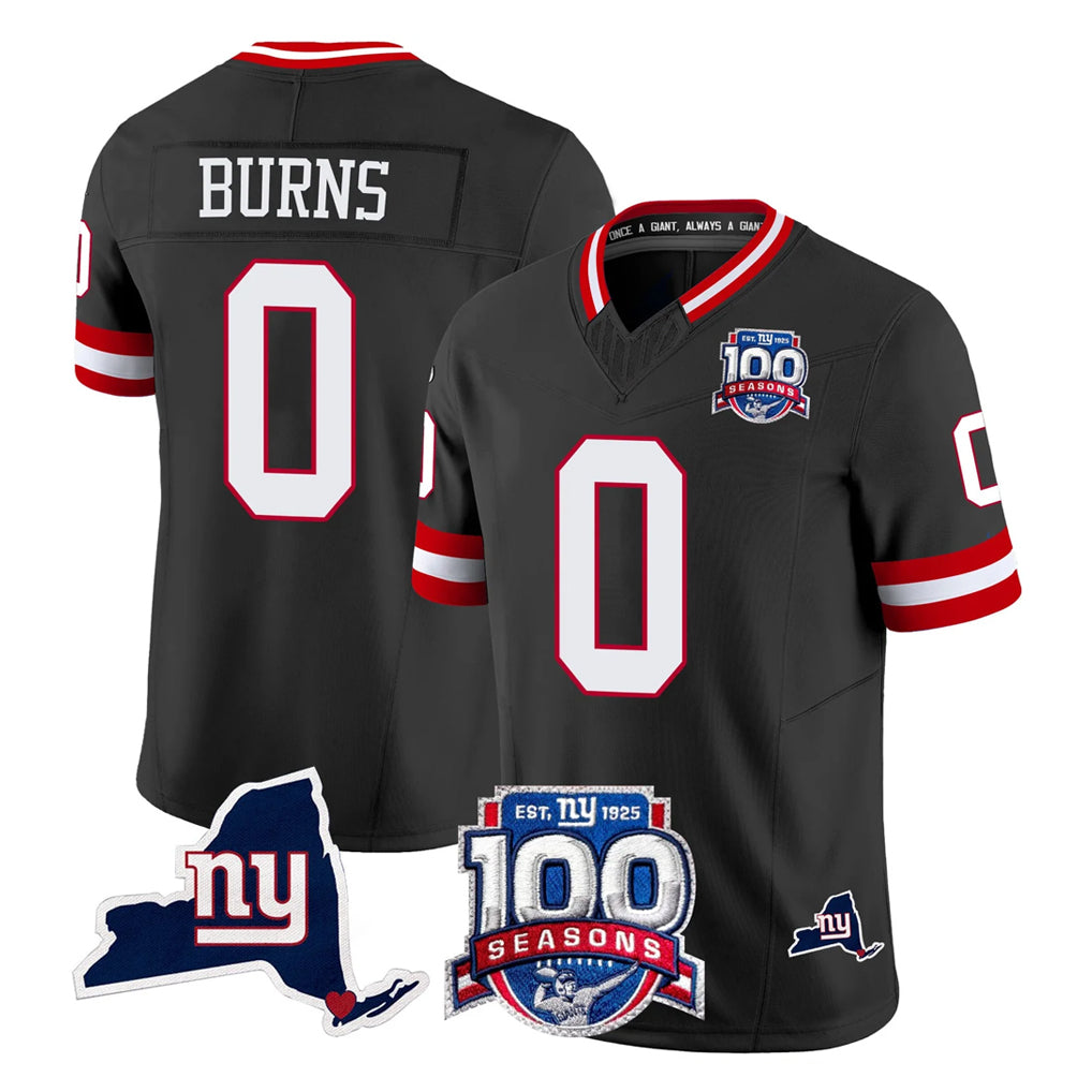 NY.Giants #0 Brian Burns Player Black 100th Season & State Patch Vapor Limited Home Game Edoa Stitched Jerseys