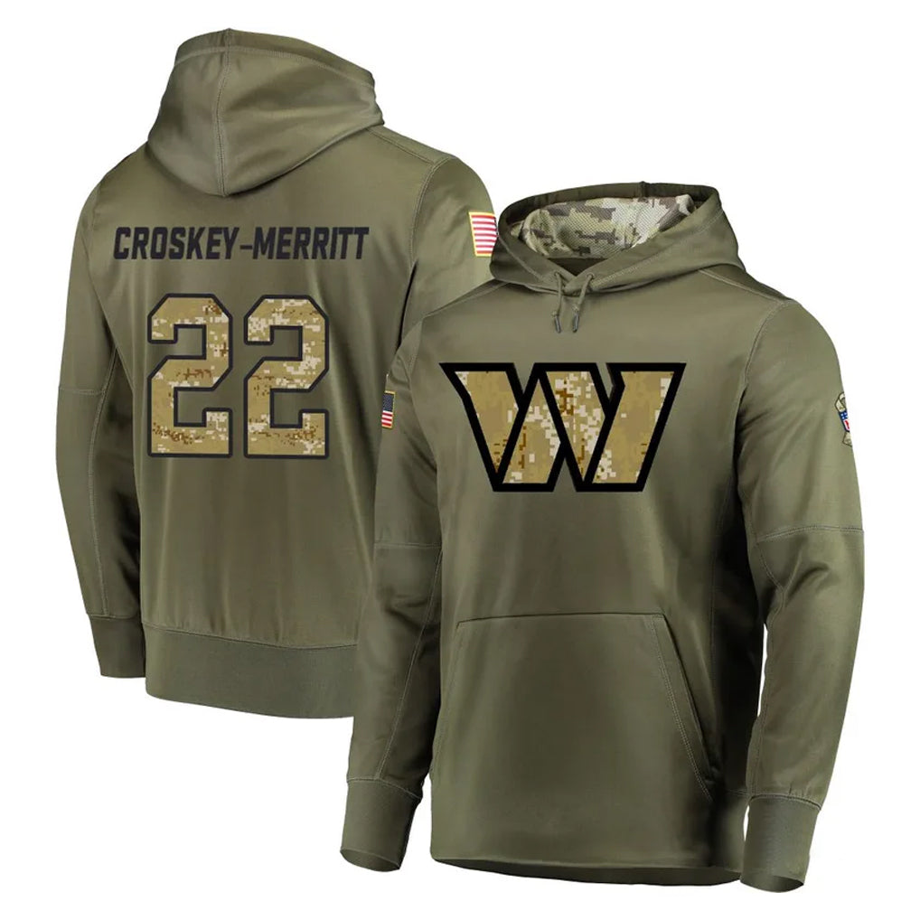 W.Commanders #22 Jacory Croskey-Merritt Player Olive Salute to Service Pullover Hoodie Limited Home Game Edoa Stitched Jerseys