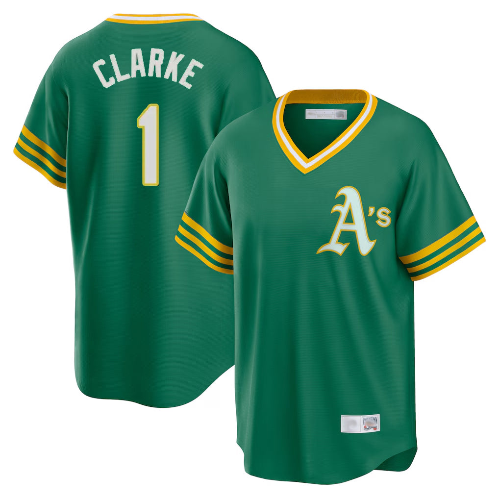 Athletics #1 Denzel Clarke Player Kelly Green Cooperstown Collection T-shirt Game Edoa Stitched Jerseys