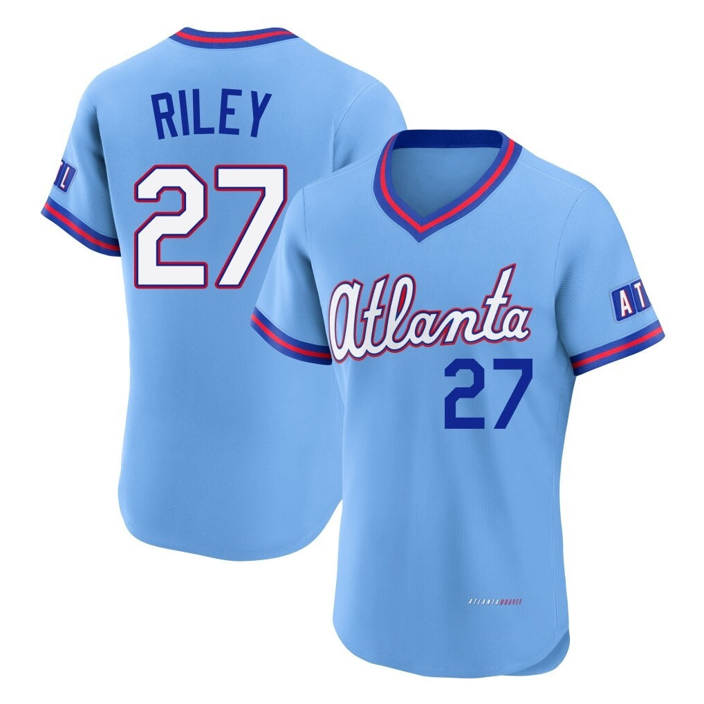 A.Braves #27 Austin Riley Player Powder Blue 2026 City Connect T-shirt Limited Elite Home Game Edoa Stitched Jerseys
