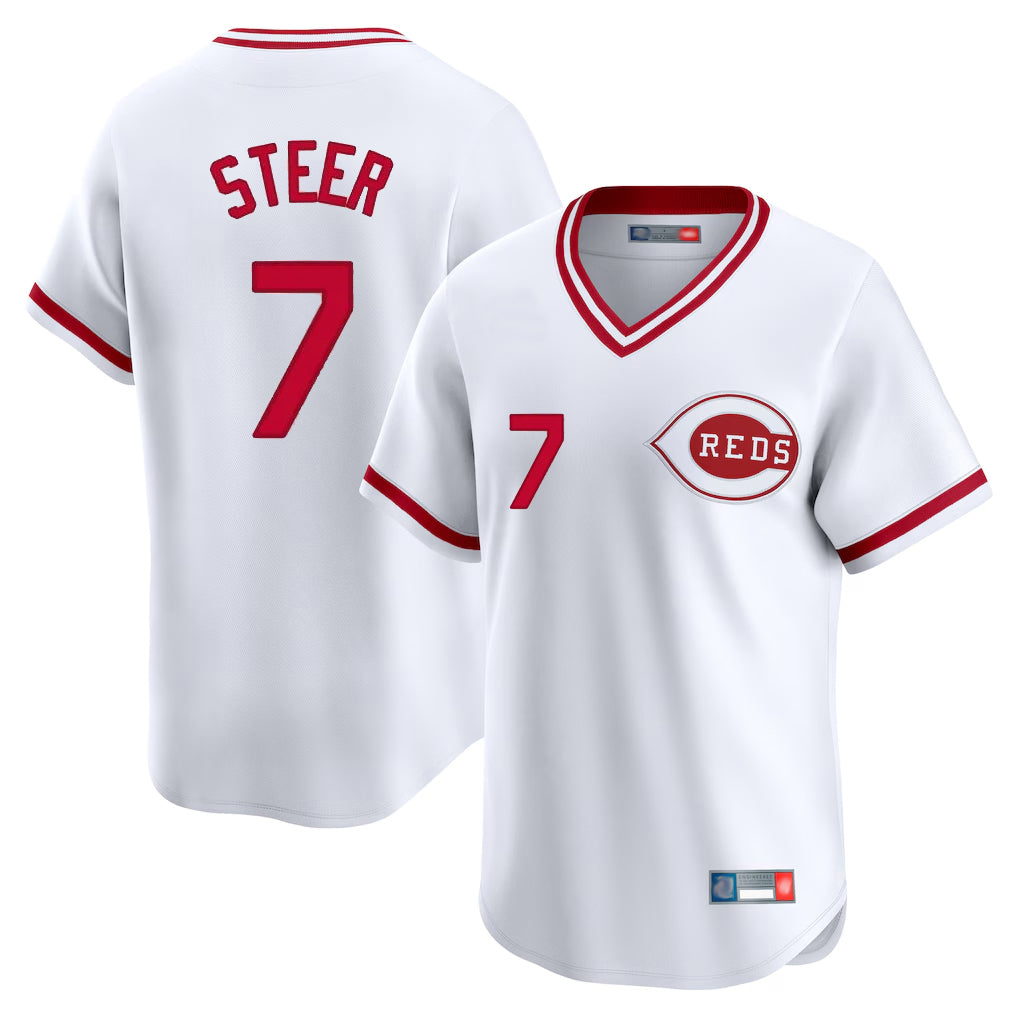 C.Reds #7 Spencer Steer Player White Cooperstown Collection Limited T-shirt Home Edoa Stitched Jerseys