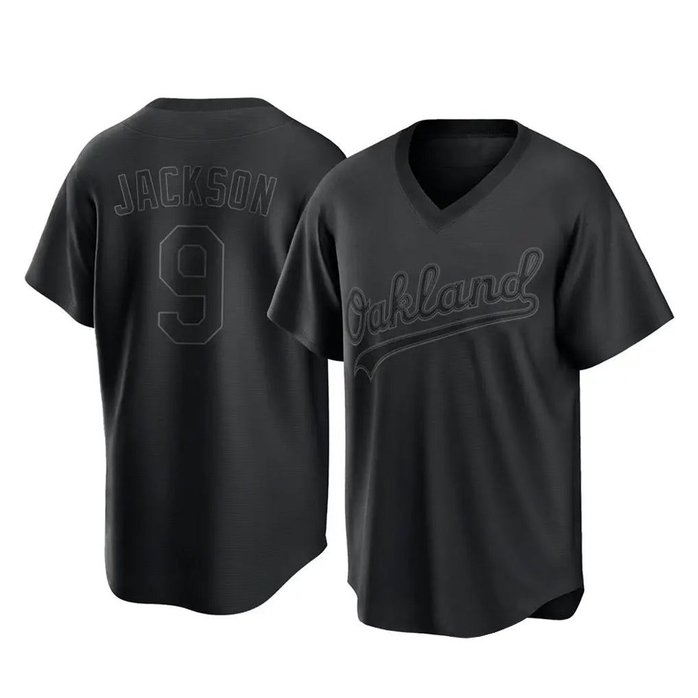 Athletics #9 Reggie Jackson Player Black Pitch Fashion T-shirt Home Game Edoa Stitched Jerseys