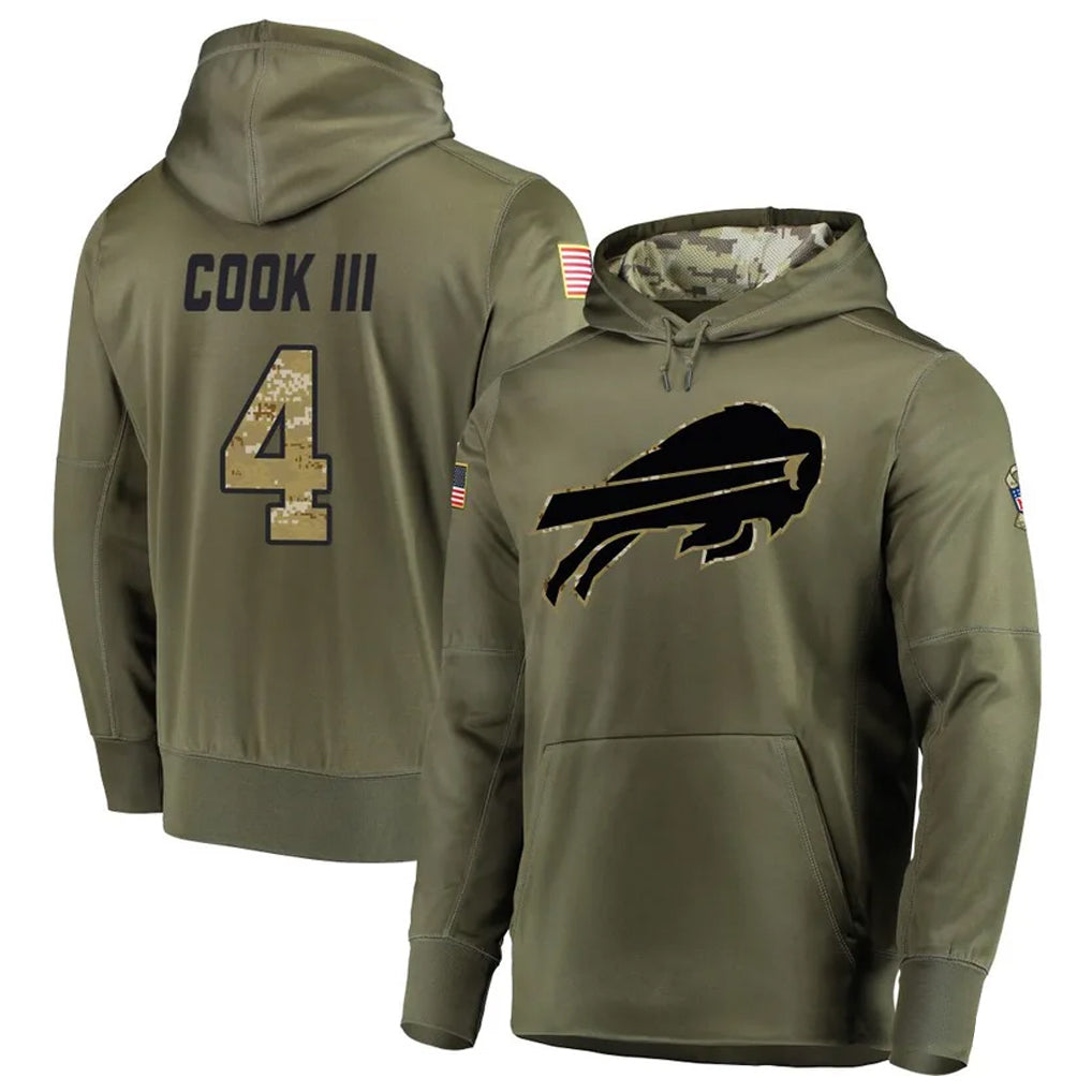 B.Bills #4 James Cook III Player Olive Salute to Service Hoodies Game Edoa Stitched Jerseys