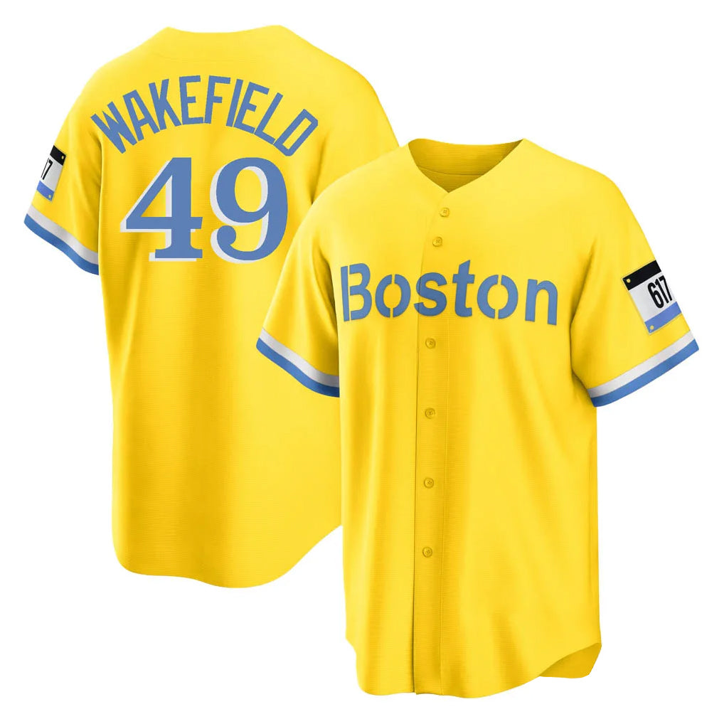 B.Red Sox #49 Tim Wakefield Player Yellow Home Game Edoa Stitched Jerseys