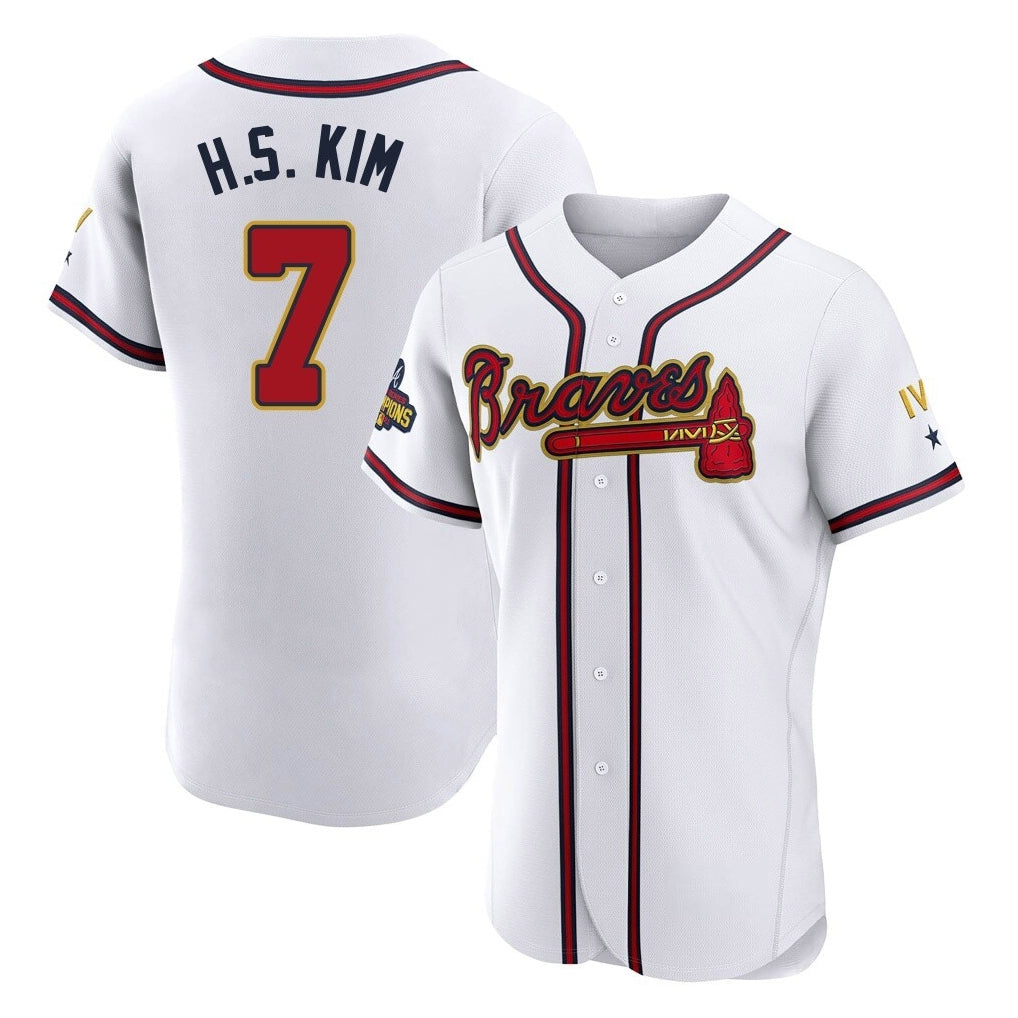 A.Braves #7 Ha-Seong Kim Player White Gold Limited Elite Home Game Edoa Stitched Jerseys
