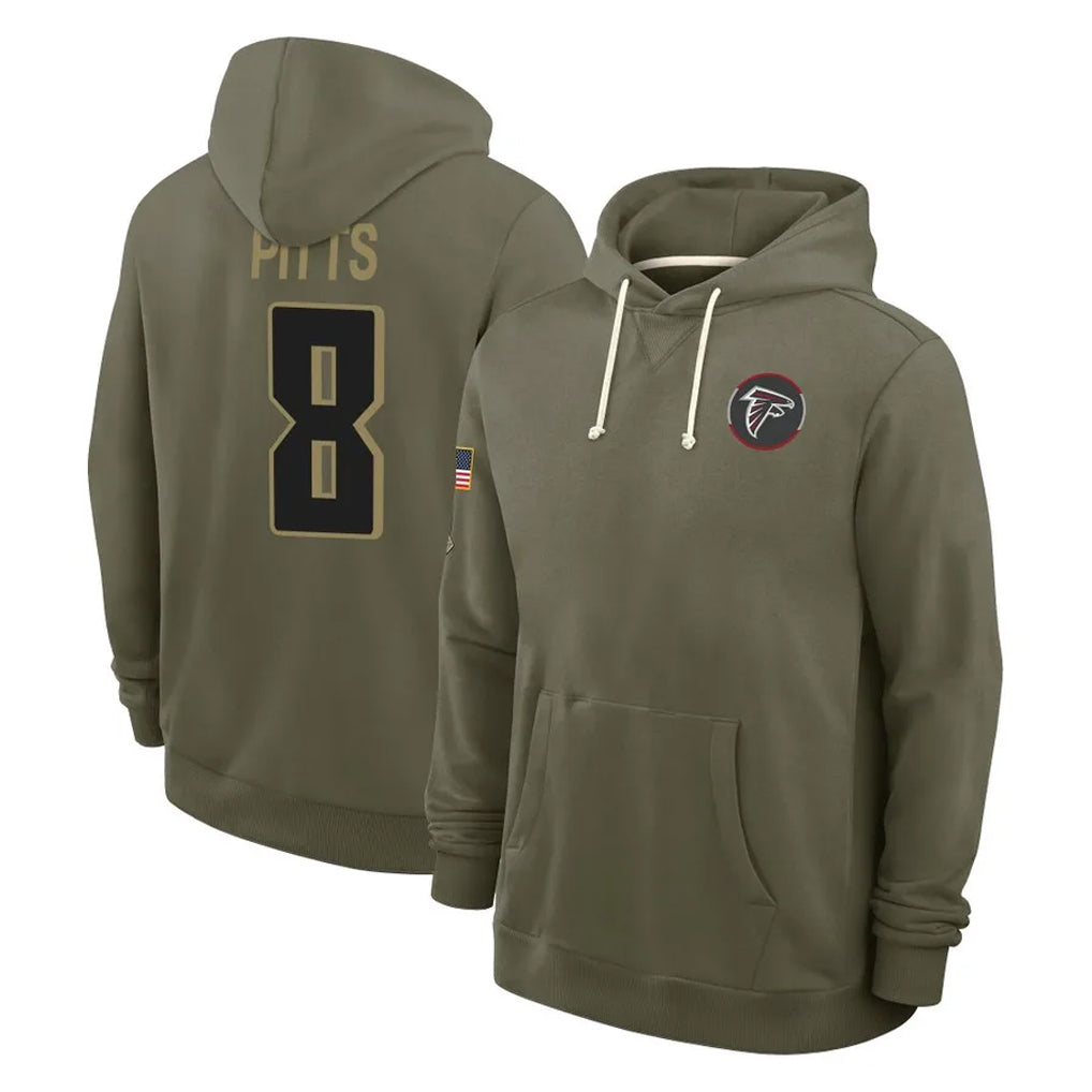 A.Falcons #8 Kyle Pitts Sr. Player Olive 2025 Salute to Service Hoodies Edoa Stitched Jerseys