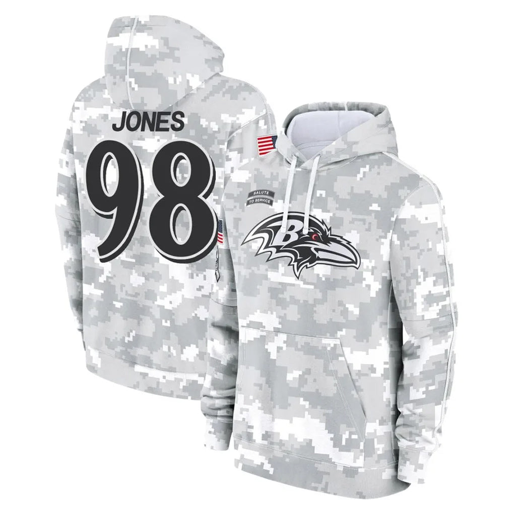 B.Ravens #98 Travis Jones Player Arctic Camo Salute to Service Pullover Hoodie Edoa Stitched Jerseys