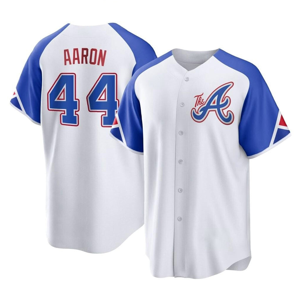 A.Braves #44 Hank Aaron Player White City Connect Home Game Edoa Stitched Jerseys