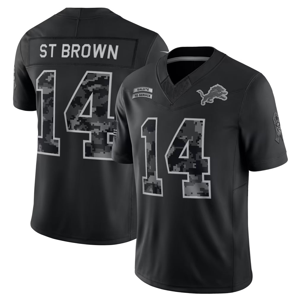D.Lions #14 Amon-Ra St. Brown Player Black Limited 2026 Salute to Service Home Game Edoa Stitched Jerseys