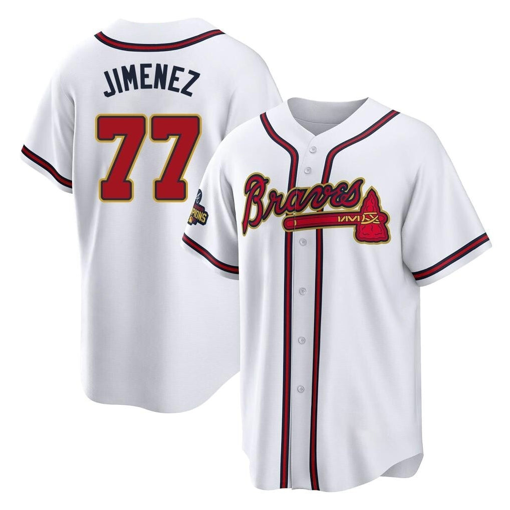 A.Braves #77 Joe Jimenez Player White Gold Home Game Edoa Stitched Jerseys