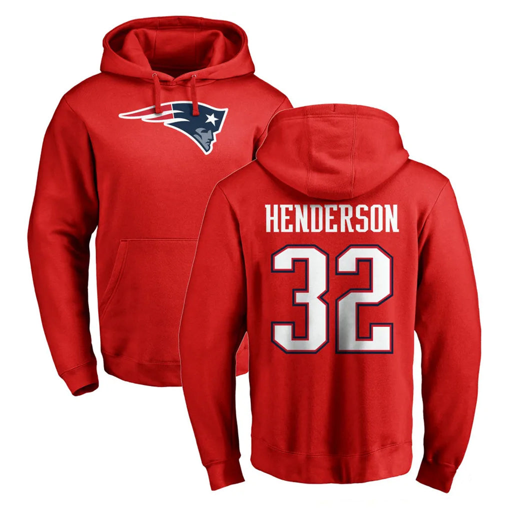NE.Patriots #32 TreVeyon Henderson Player Red LOGO Pullover Hoodies Home Game Edoa Stitched Jerseys