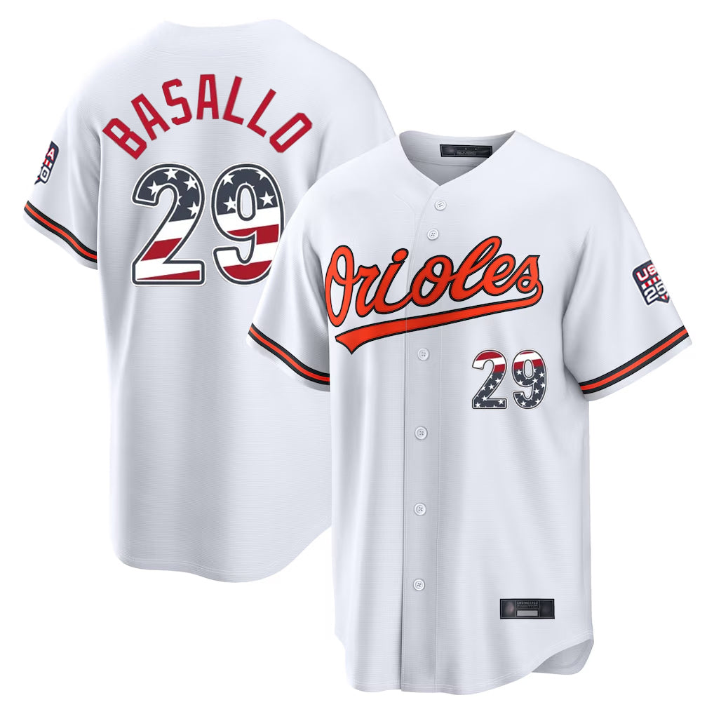 B.Orioles #29 Samuel Basallo Player White USA 250 Fourth of July Home Game Edoa Stitched Jerseys