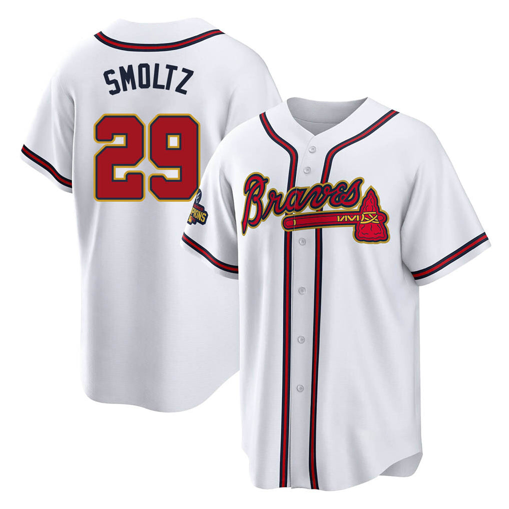 A.Braves #29 John Smoltz Player White Gold Home Game Edoa Stitched Jerseys