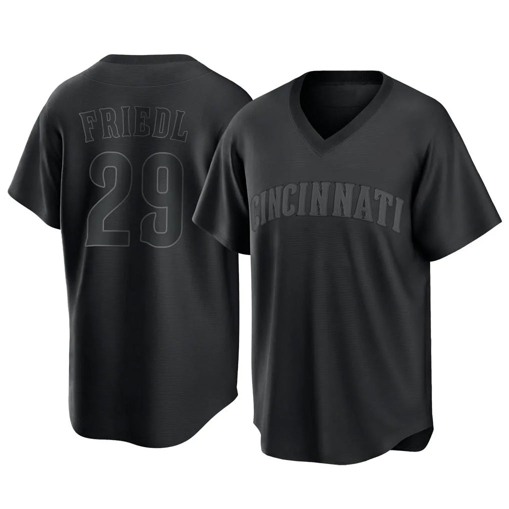 C.Reds #29 TJ Friedl Player Black T-shirt Game Home Edoa Stitched Jerseys