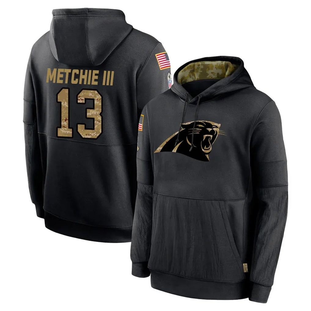 C.Panthers #13 John Metchie III Player Black Salute to Service Pullover Hoodies Limited Game Edoa Stitched Jerseys