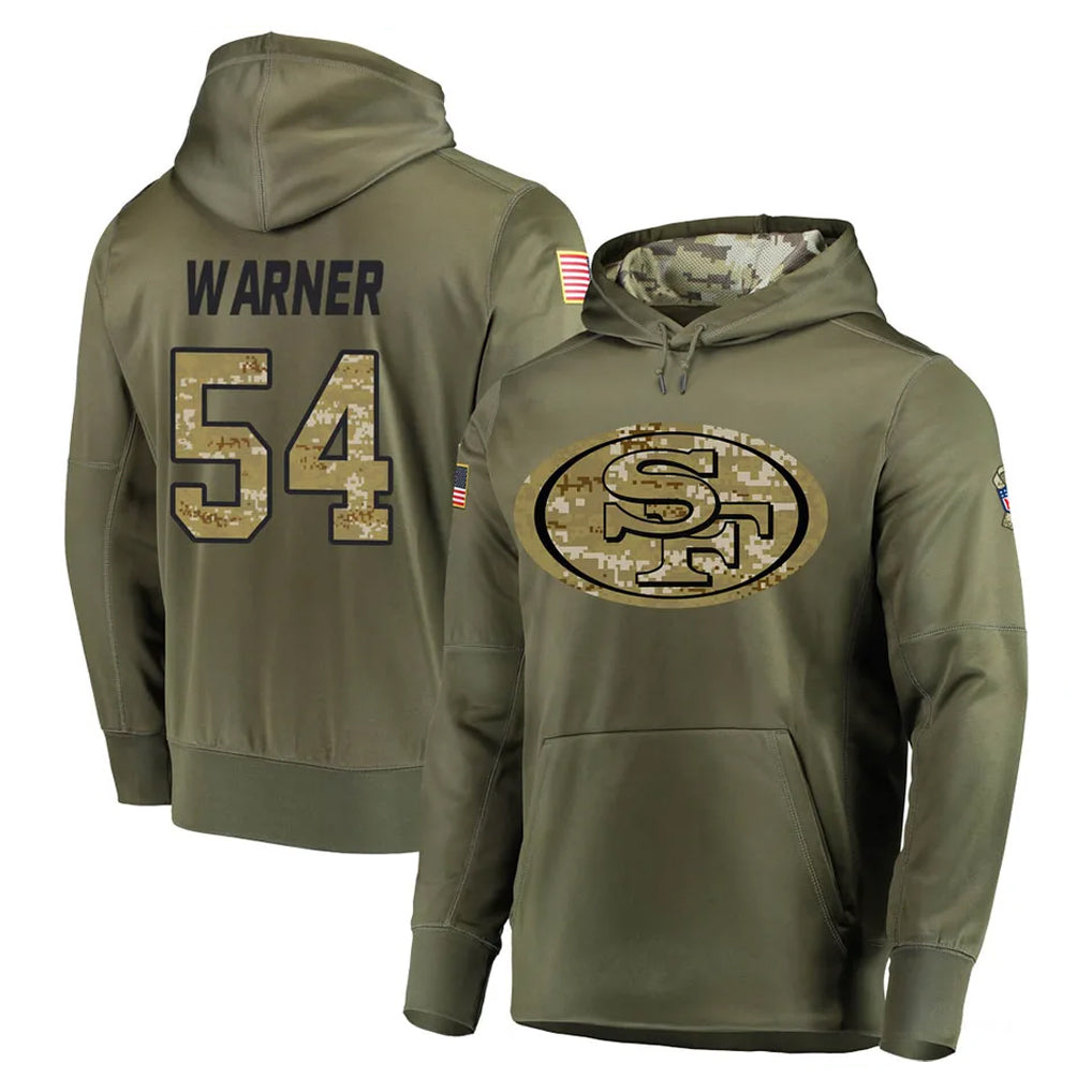 SF.49ers #54 Fred Warner Player Olive Salute to Service Pullover Hoodie Home Game Edoa Stitched Jerseys
