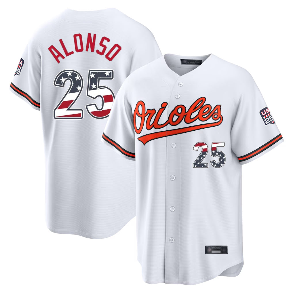 B.Orioles #25 Pete Alonso Player White USA 250 Fourth of July Home Game Edoa Stitched Jerseys